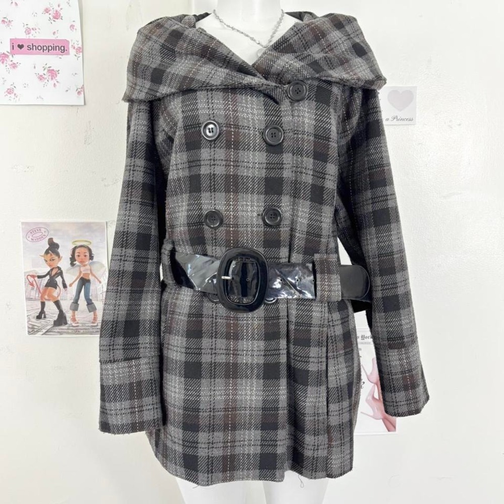 Y2K Plaid Belted Coat — Gossip Girl Winter / Tumblr 2010s Wool Aesthetic